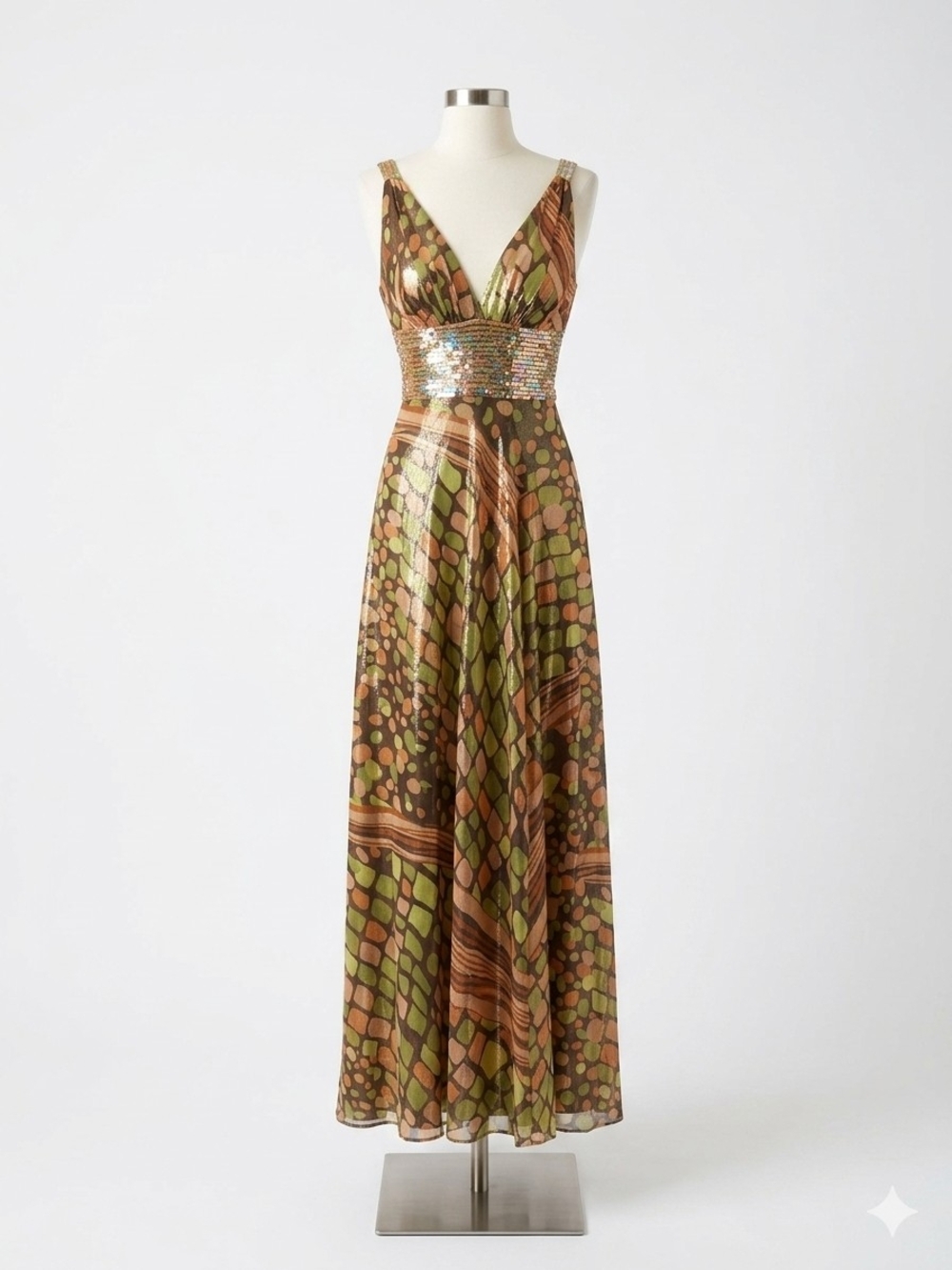Jovani Silk Maxi Geometric Metallic Sequin Waist Crisscross Prom Dress Size 4